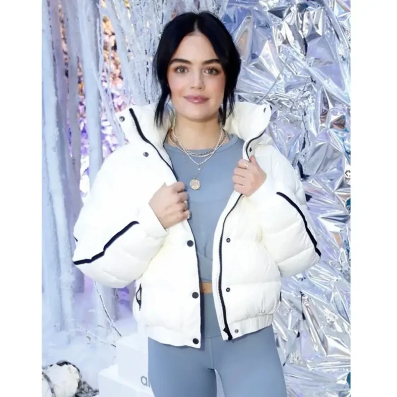 Lucy Hale Alo’s White Hooded Puffer Jacket