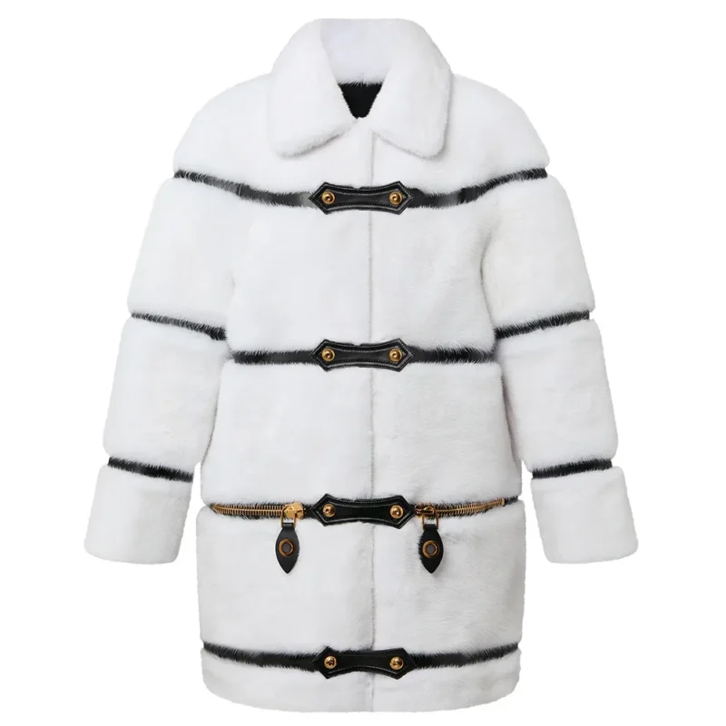 Leather Stripes White Mink Fur Coat