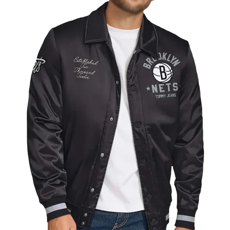Brooklyn Nets Stitch Applique Satin Jacket Black
