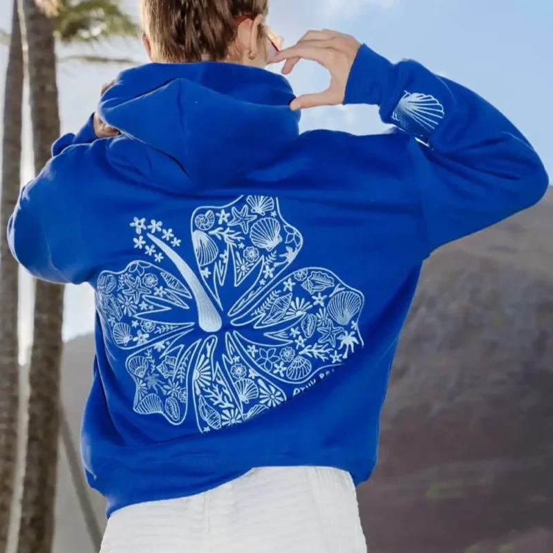 Pink Palm Puff Hibiscus Oceanic Blue Hoodie
