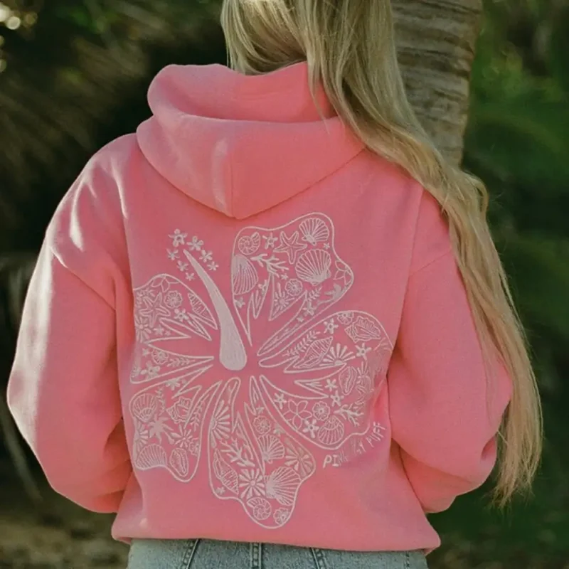 Pink Palm Puff Hawaii Hibiscus Hoodie