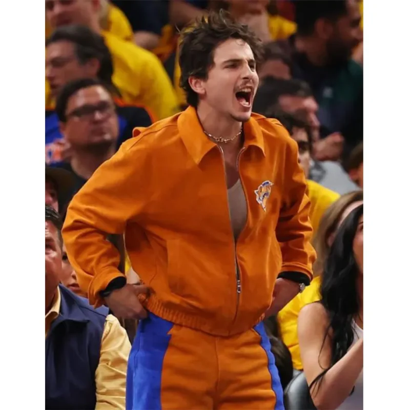 Timothee Chalamet Knicks Vs Pacer Game Six Orange Jacket