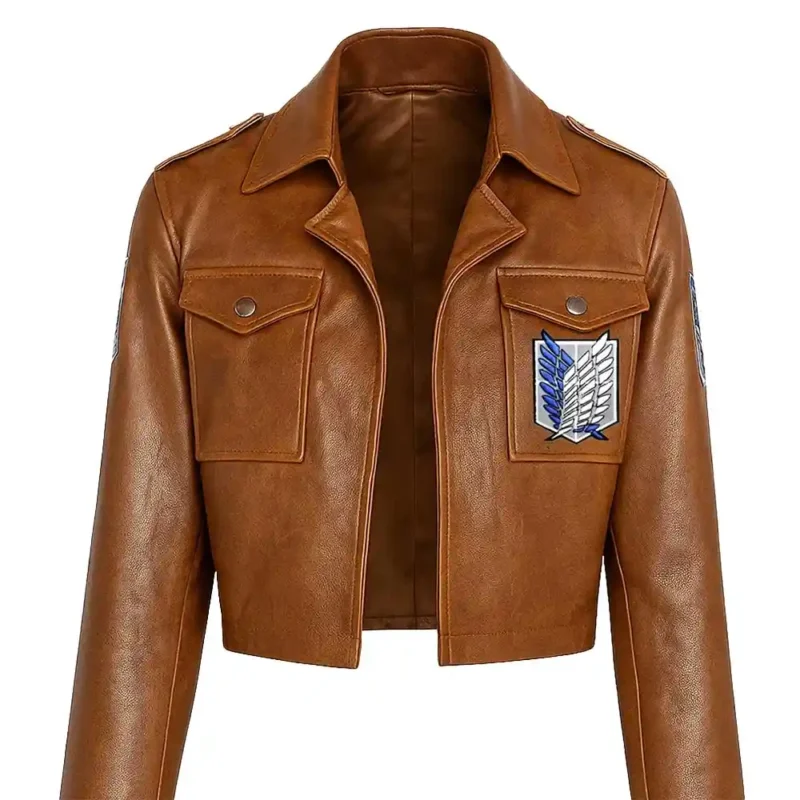 Attack on Titan-cosplay, jas bruin rundleer, geborduurde Survey Corps Wings-cosplay anime-jas, Mikasa-cosplaypasvorm, Levi-cosplay