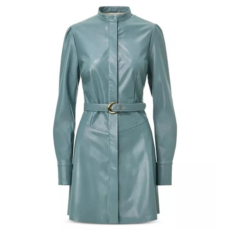 E! News 2025 Emily Curl Blue Leather Belted Dress