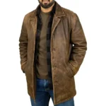 Distressed Leather 3/4 Length Brown Winter Car Coat